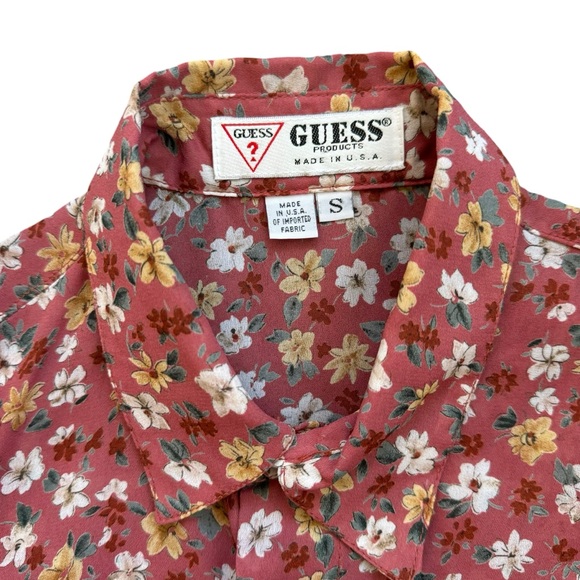 Vtg Guess Floral Sheer Sleeveless Top Blouse Button Front Coral Yellow Small USA - Picture 3 of 5